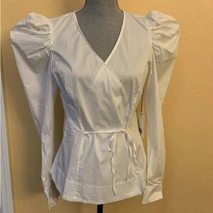 White Puff-Sleeve Wrap Top Blouse